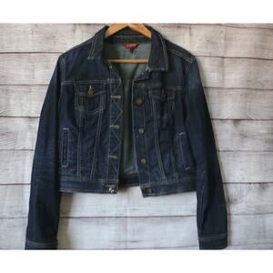 Arizona Large Cropped Dark Wash Blue Denim Jean Button Up Jacket